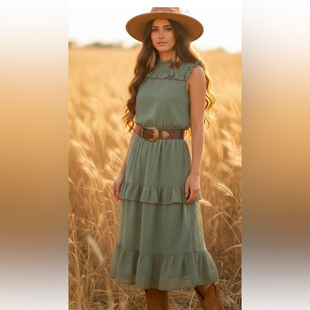 NWT Monteau Los Angeles Sleeveless Sage Green Ruffle Dress